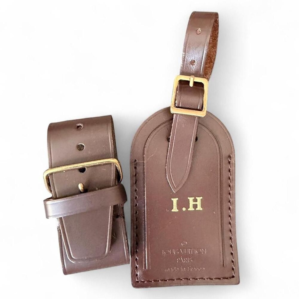 Louis Vuitton Dark Brown Leather Luggage Tag & Strap Gold I.H. Made in France